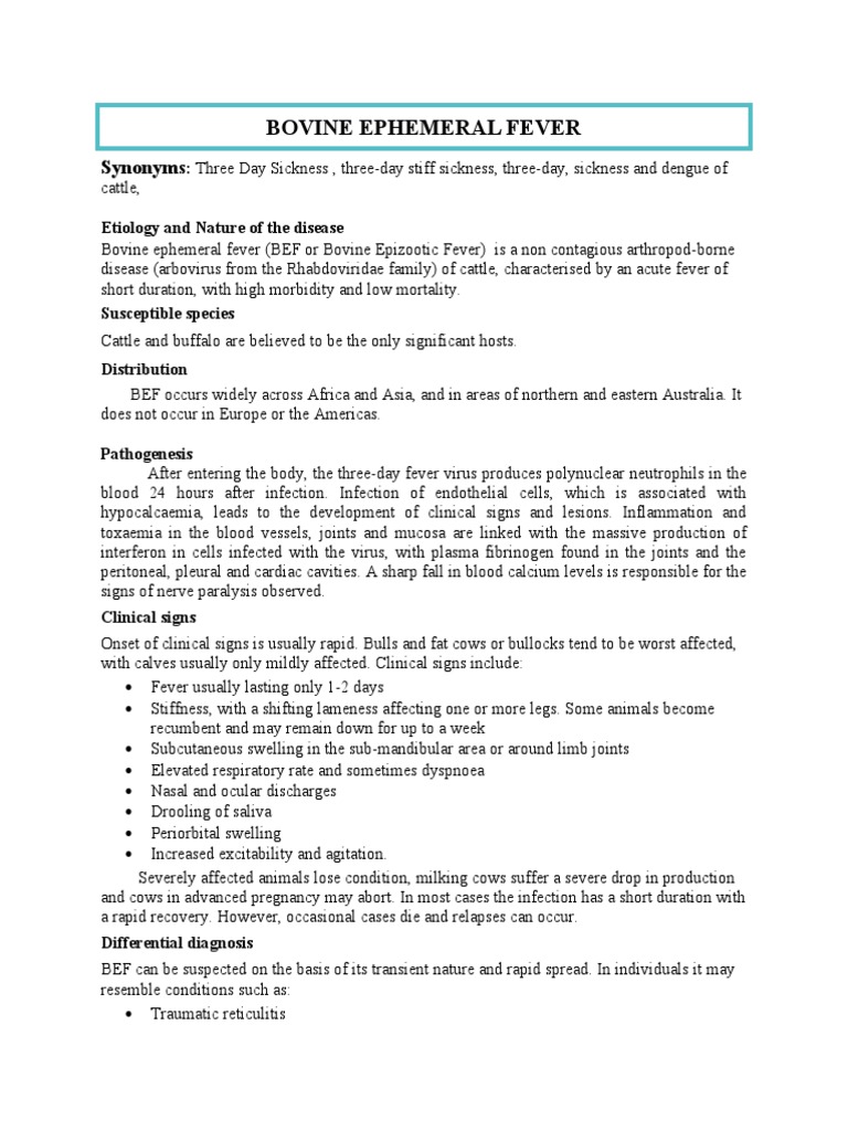 Bovine Ephemeral Fever Download Free PDF Infection Cattle