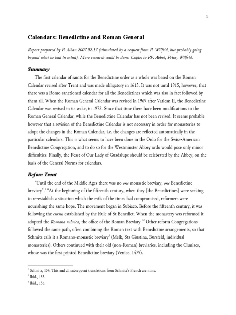 Calendars: Benedictine and Roman General Download Free PDF Catholic