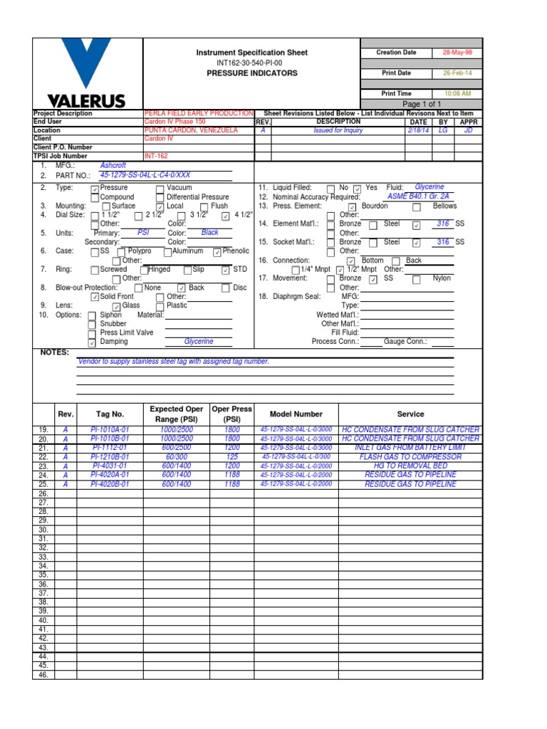 Instrument Specification Sheet for Pressure Gauges | PDF | Pressure ...