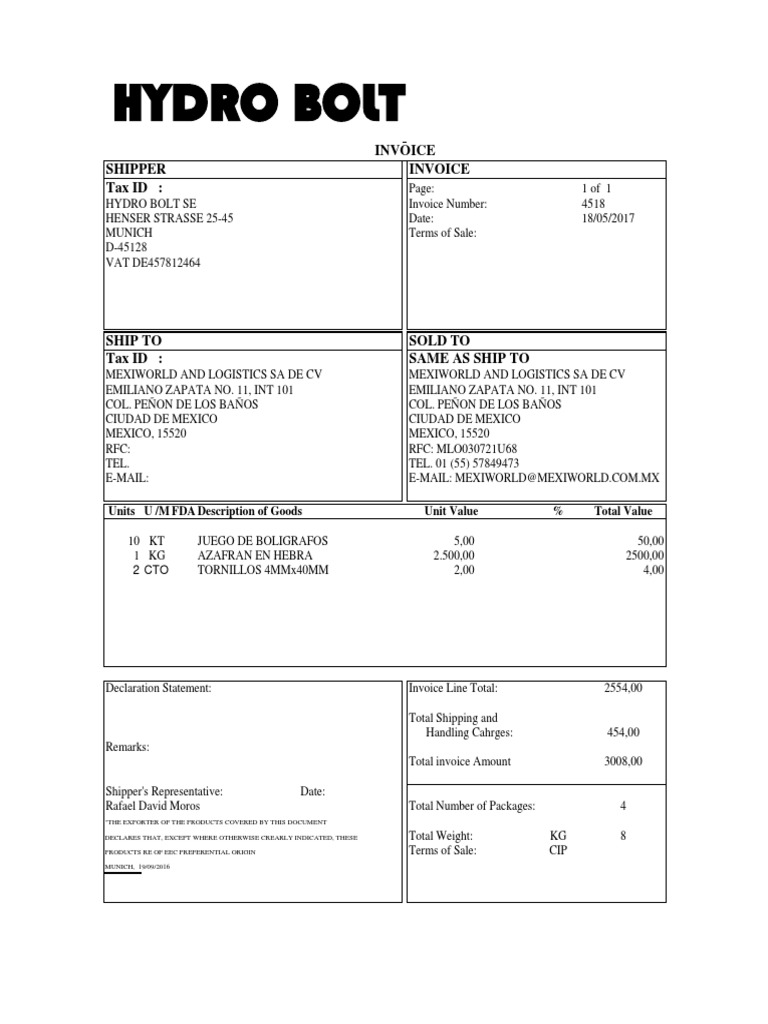 Hydro Bolt: Invoice Shipper Invoice Tax Id | PDF | Invoice | Business ...