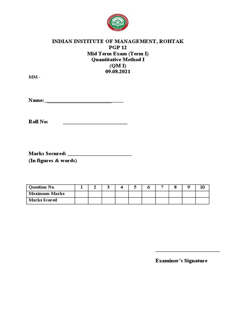 IIM Rohtak PGP Midterm QM I Exam | PDF