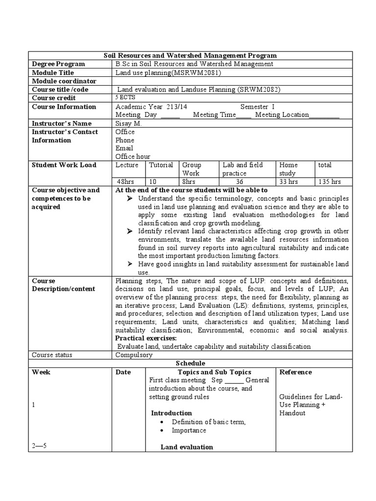 Land Evaluation and Land Use Planning Course Syllebus PDF Evaluation Competence (Human