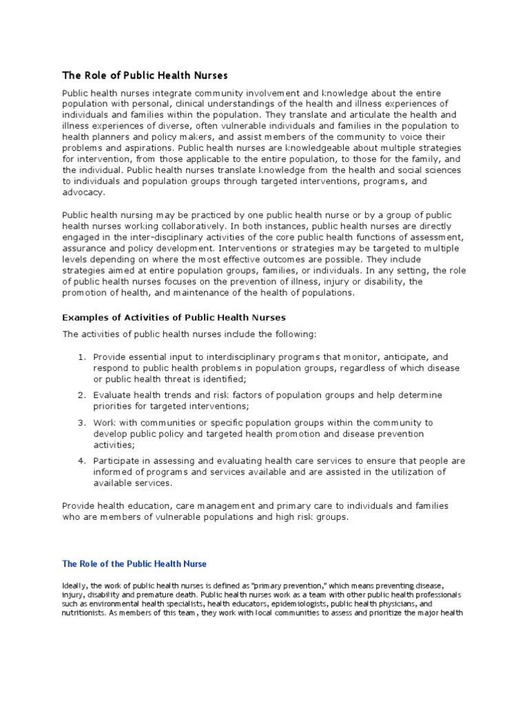 The Role of Public Health Nurses | PDF | Health Equity | Public Health