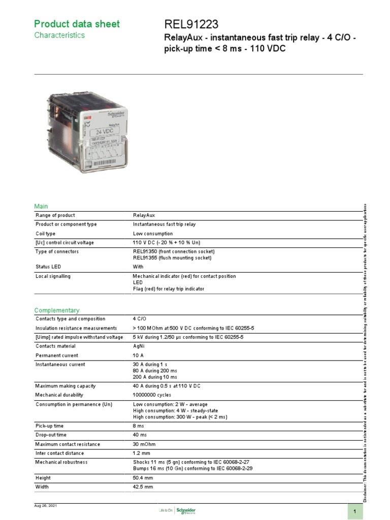 Product Data Sheet Relayaux Instantaneous Fast Trip Relay 4 C/O