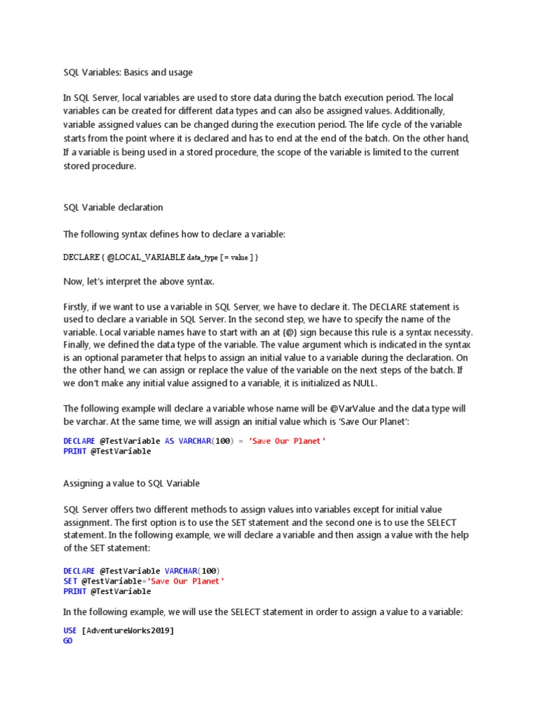 Declare (@local - Variable Data - Type ( Value) ) : @testvariable 100 ...