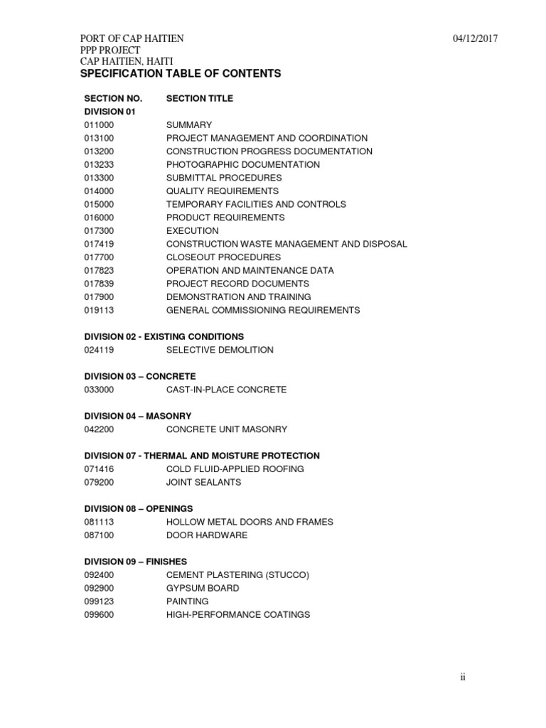 Specification Table of Contents: Port of Cap Haitien 04/12/2017 PPP ...