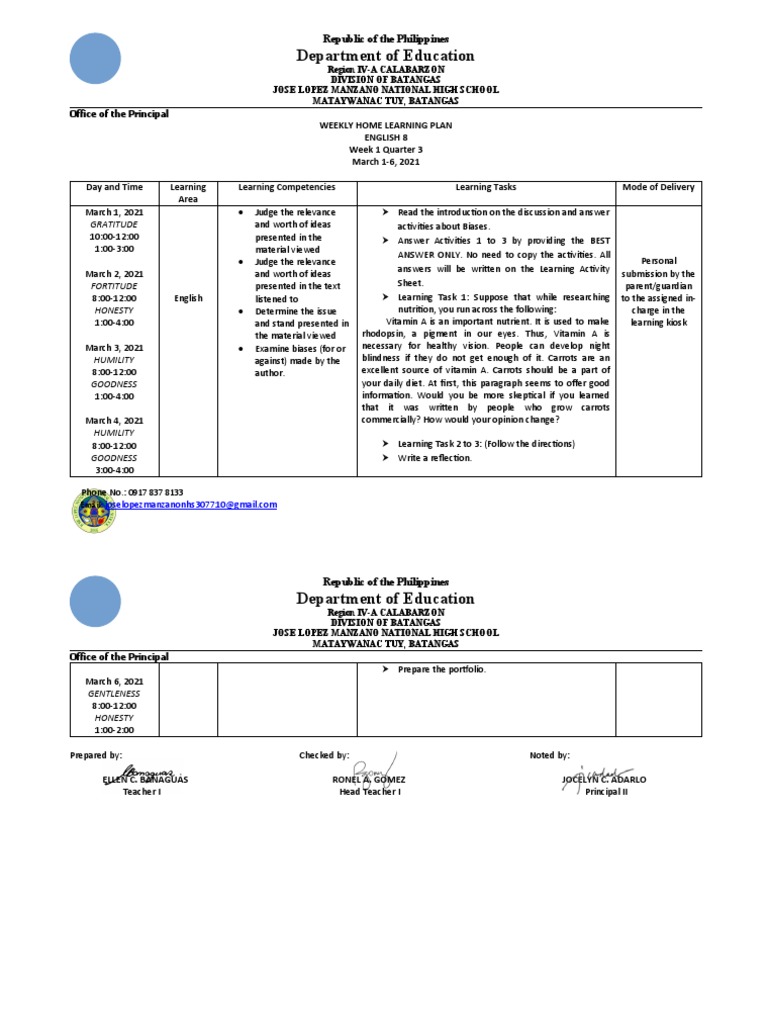 Weekly Learning Plan for English 8 | PDF | Communication | Cognition
