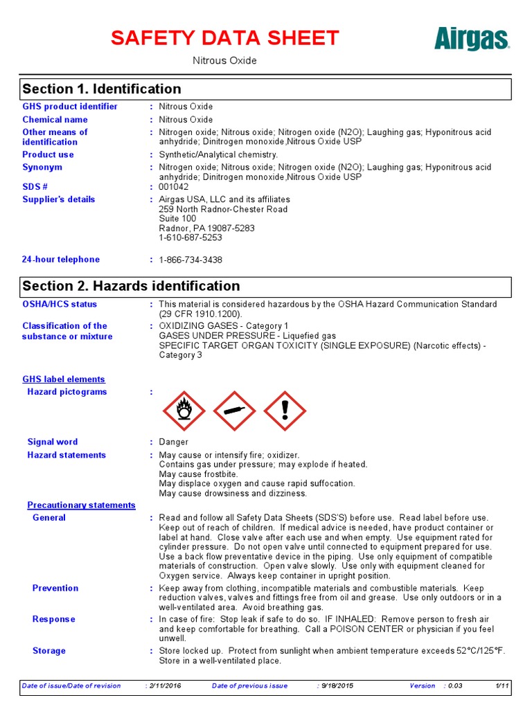 Msds Nitros Oxide Gas PDF Dangerous Goods Combustion
