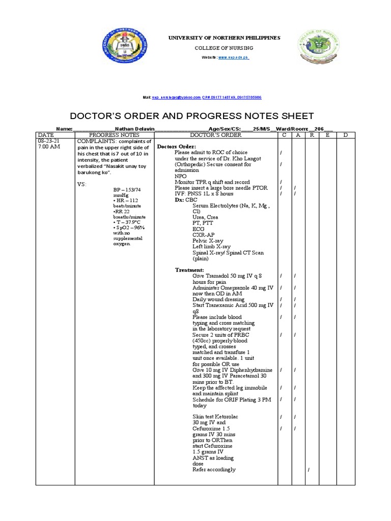 Doctor'S Order and Progress Notes Sheet: University of Northern ...