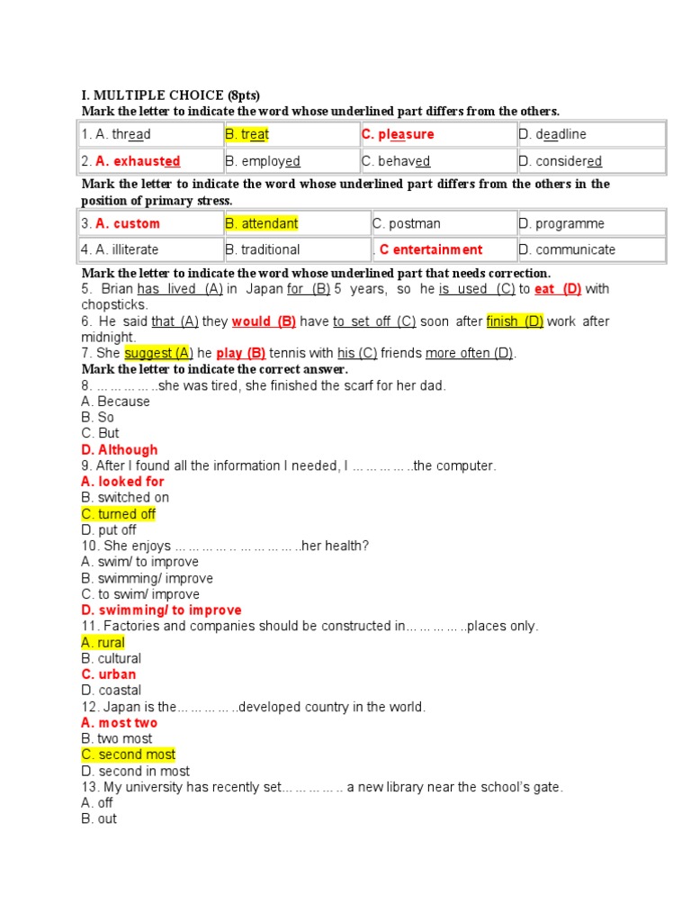 Multiple Choice English Test Questions | PDF | Vegetables | Vitamin