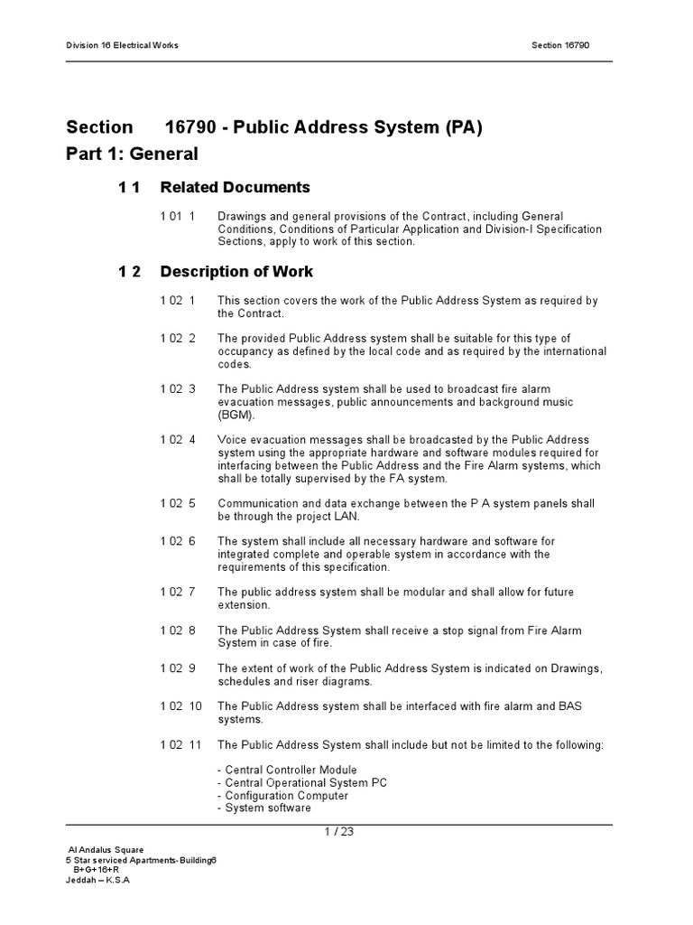 Section 16790 Public Address System (PA) Part 1 General 1 1 Related Documents PDF