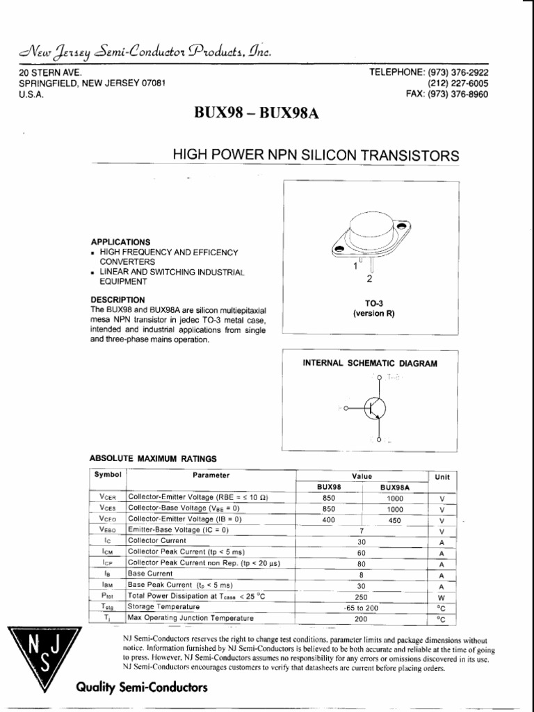 BUX98 - BUX98A: High Power NPN Silicon Transistors | PDF | Bipolar ...