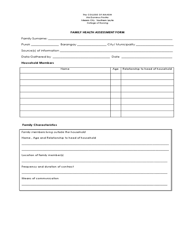 Family Health Assessment Form | PDF | Health Sciences