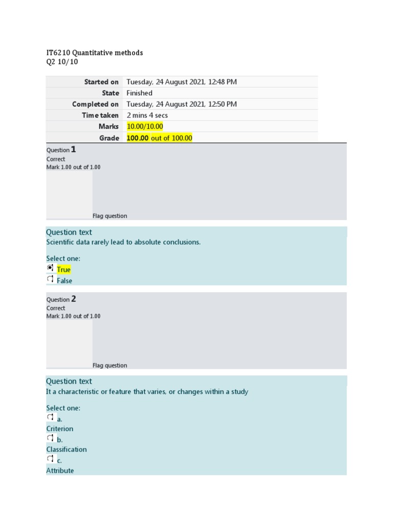 IT6210 Quantitative Methods Quiz Results | PDF | Statistics | Methodology