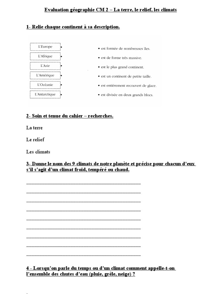 Le Relief De La France Cm2 Evaluation Eval Cm2 Terre Relief Climat | PDF