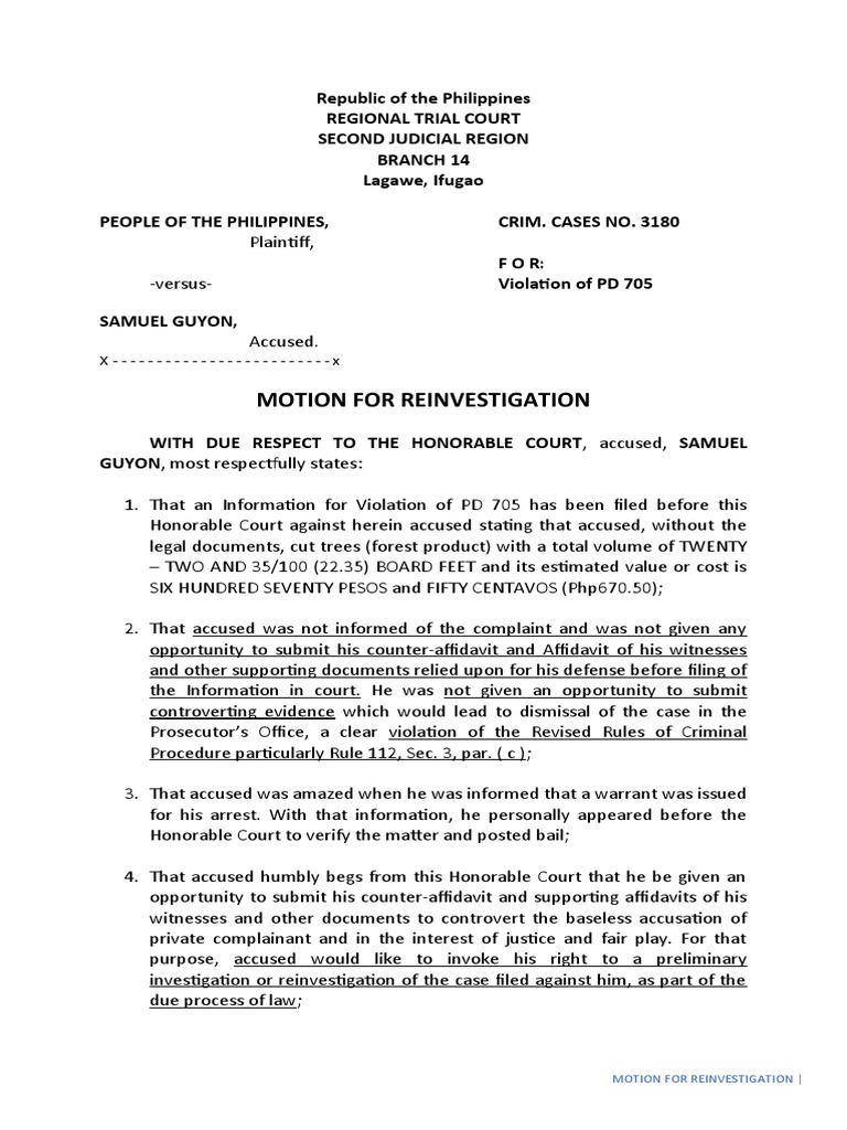 Motion For Reinvestigation PDF Complaint Legal Procedure