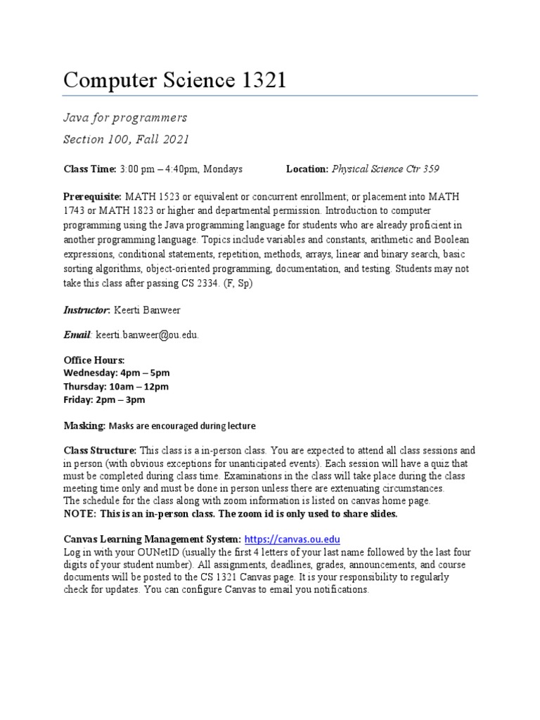 Computer Science 1321: Java For Programmers Section 100, Fall 2021 ...