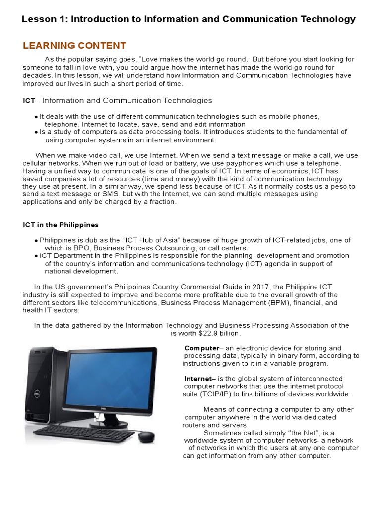 Lesson 1 - Introduction To Information and Communication Technology