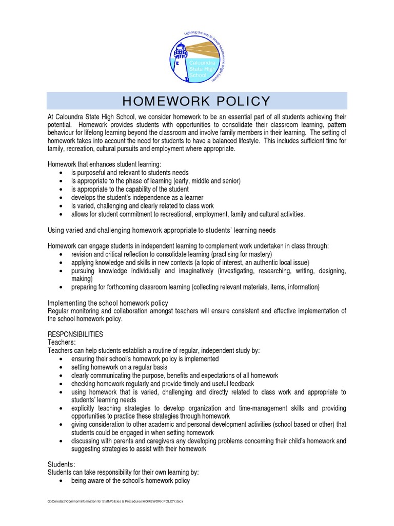 Homework Policy: Using Varied and Challenging Homework Appropriate To
