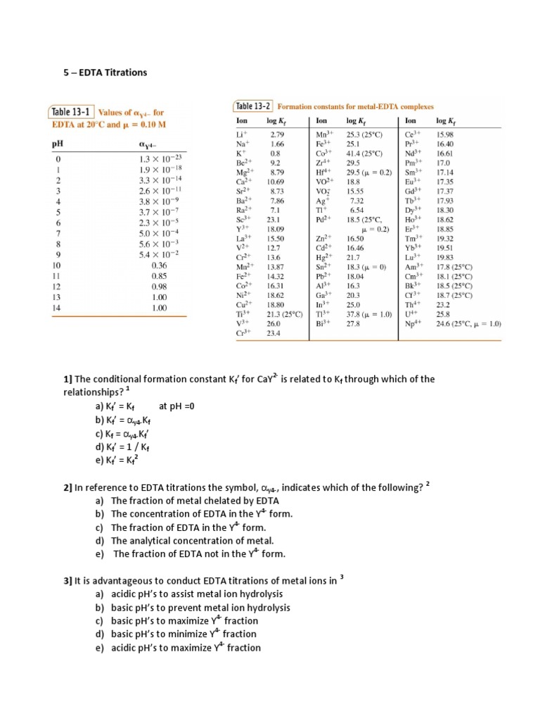 EDTA Titration Constants and Calculations | PDF | Chemistry | Titration