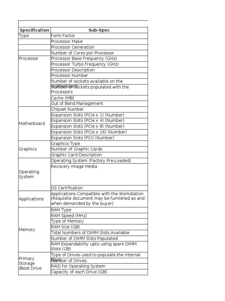Workstation Specifications: Specification Sub-Spec | PDF | Random ...