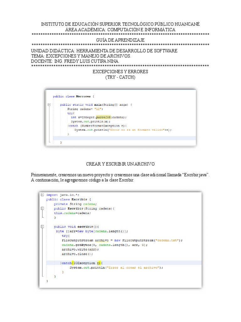 Manejo de Excepciones y Archivos en Java | PDF