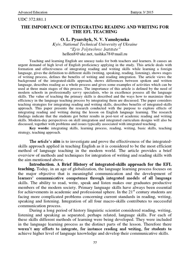 The Importance of Integrating Reading and Writing For The EFL Teaching ...