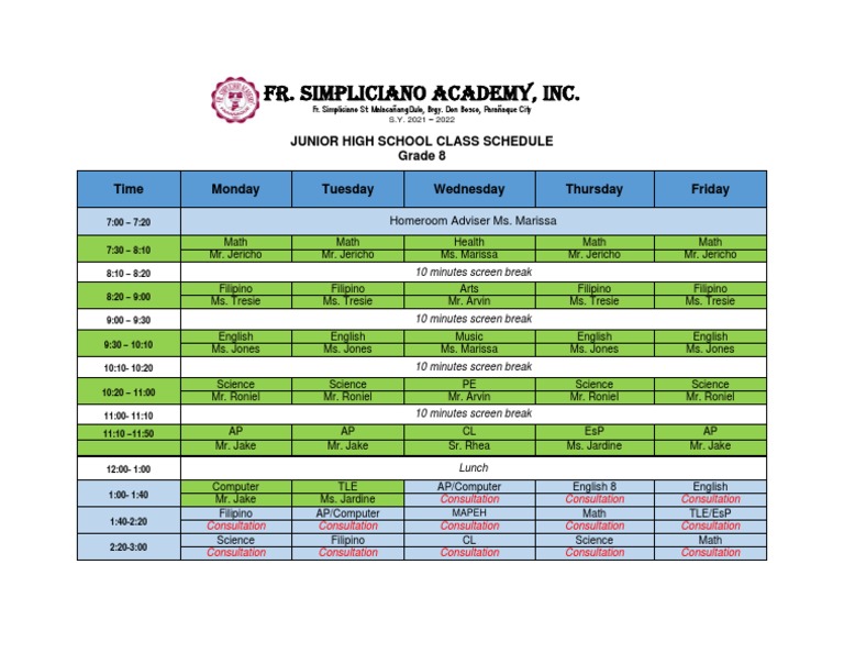 Fr. Simpliciano Academy, Inc. Junior High School Class Schedule Grade
