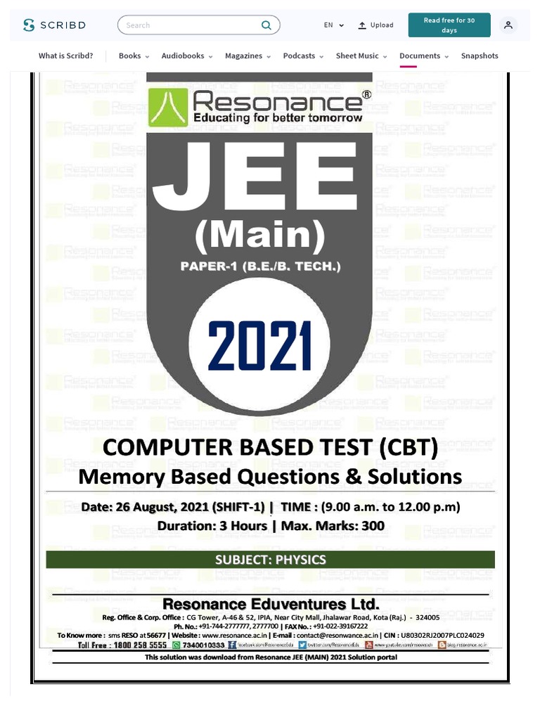 PDF Jee Main 2021 Session 4 May Aug Shift 1 DT 26-08-2021 Physics DD ...