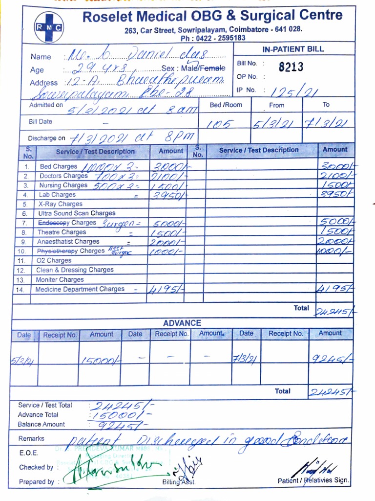 Inpatient Bill Along With Receipts and Breakup Charges PDF Health
