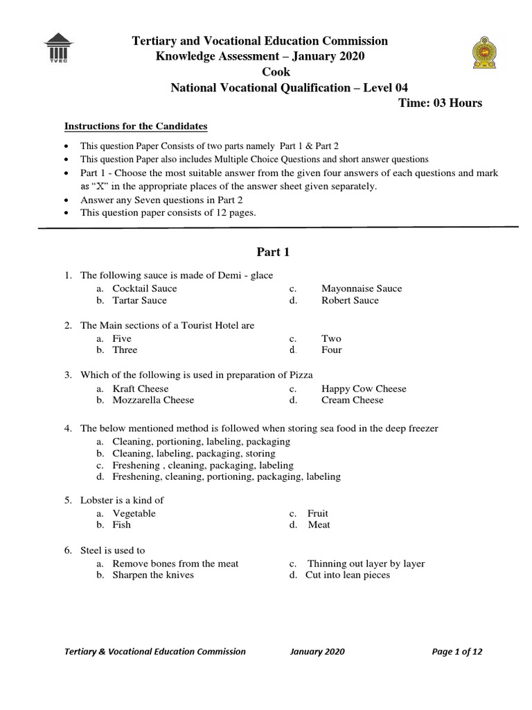 NVQ Level 4 Cookery Exam Paper | PDF | Foods | Carbohydrates
