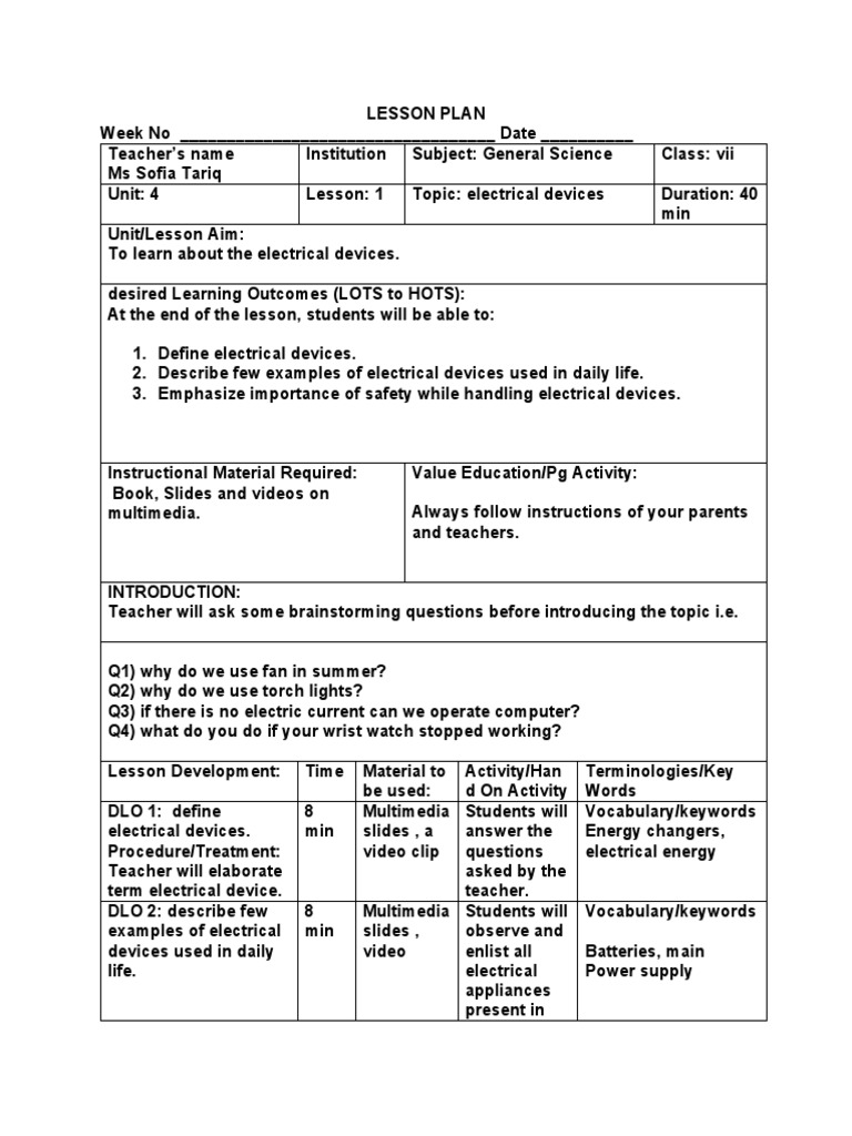 LESSON PLAN Electrical Circuits | Download Free PDF | Lesson Plan ...