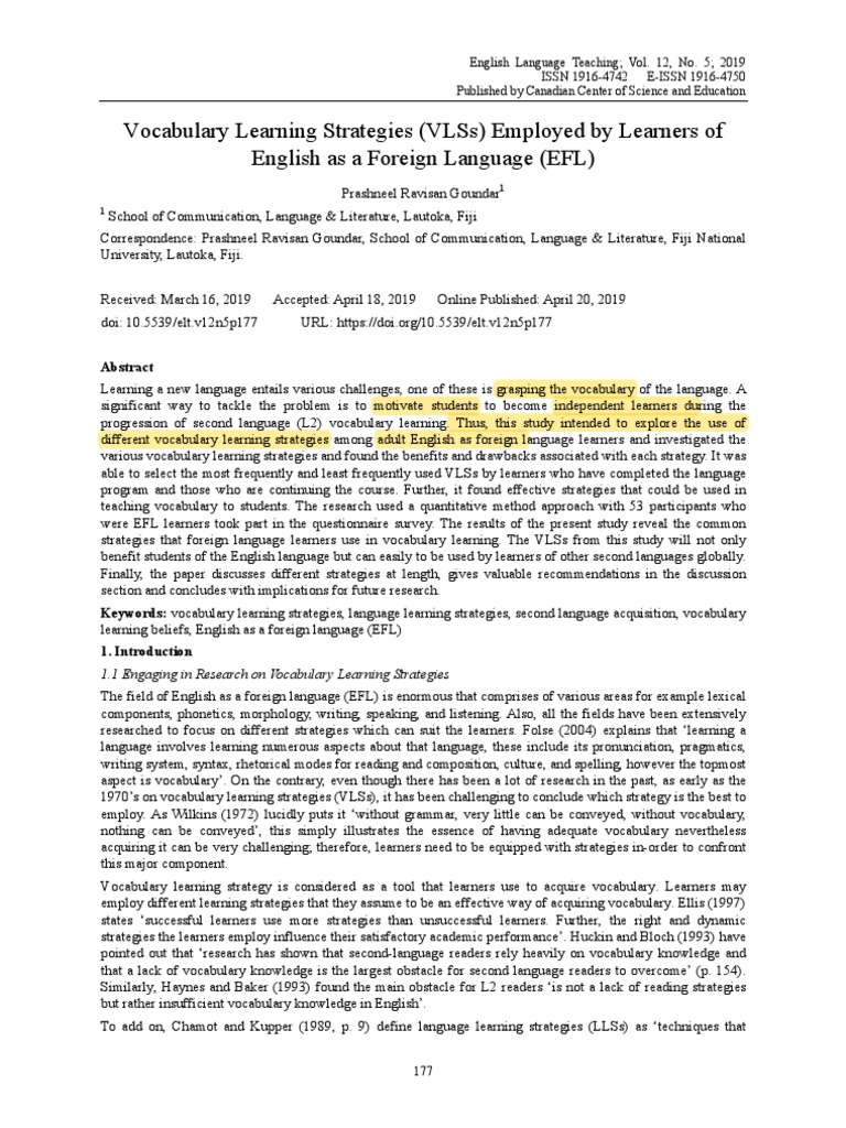 02-Vocabulary Learning Strategies (VLSS) Employed by Learners of | PDF ...