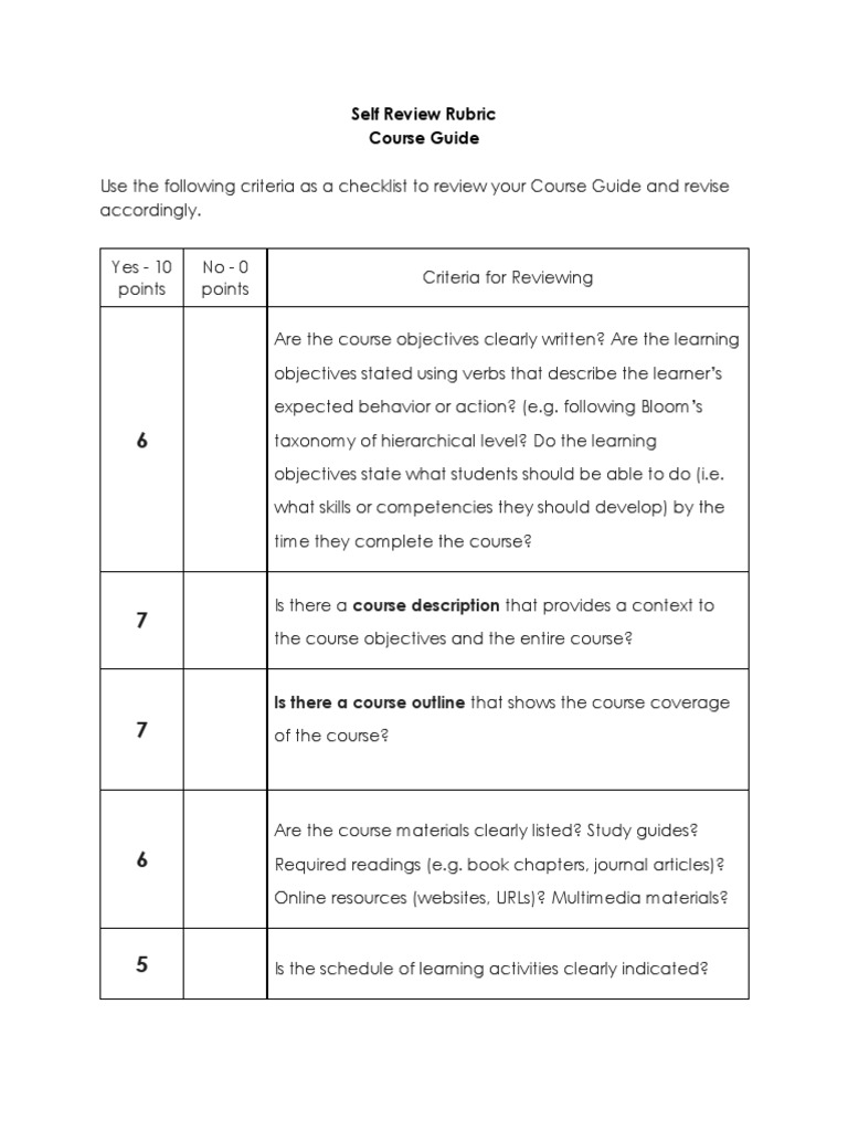 MPSeño - Self Review Rubric Course Guide | PDF | Career & Growth | Self ...