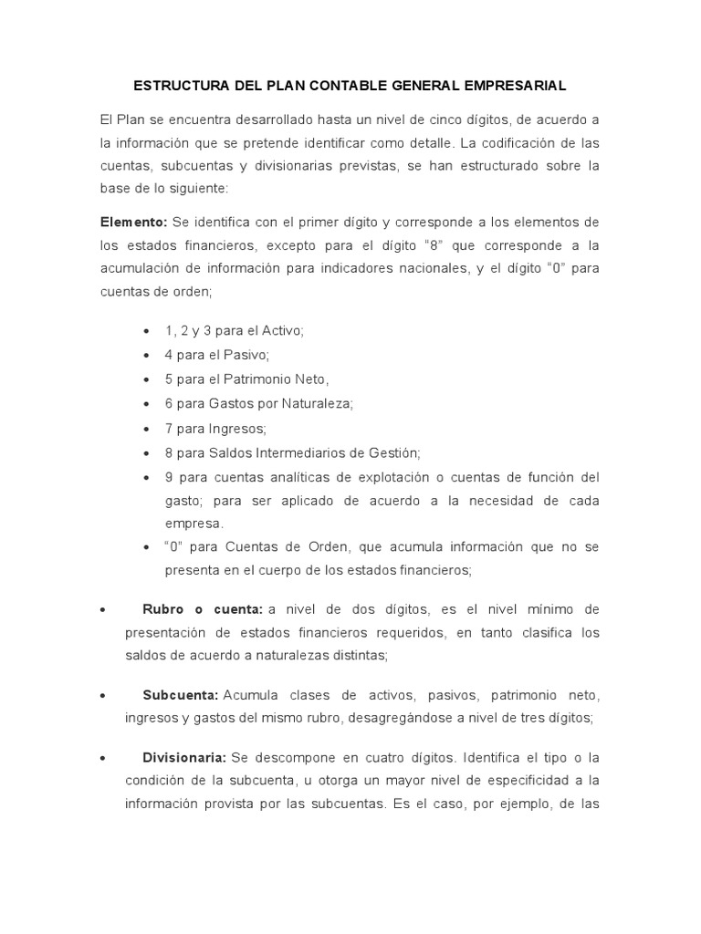 Estructura del Plan Contable Empresarial | PDF | Contabilidad ...