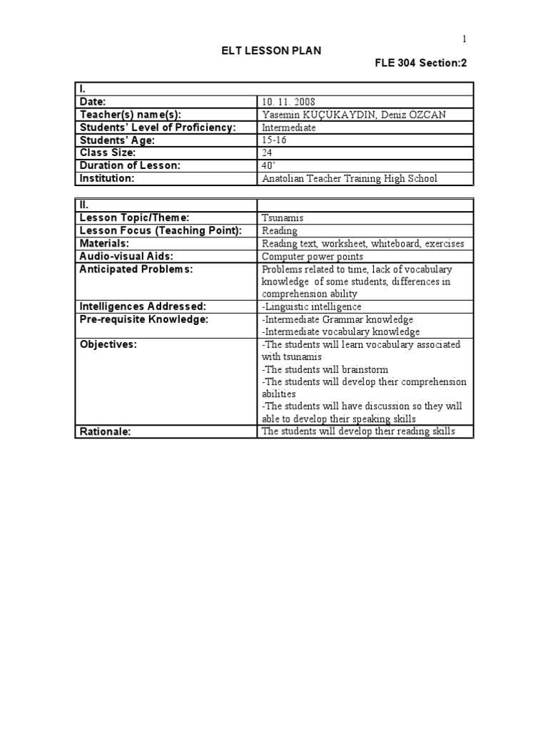 Elt Lesson Plan Tsunami Natural Disasters