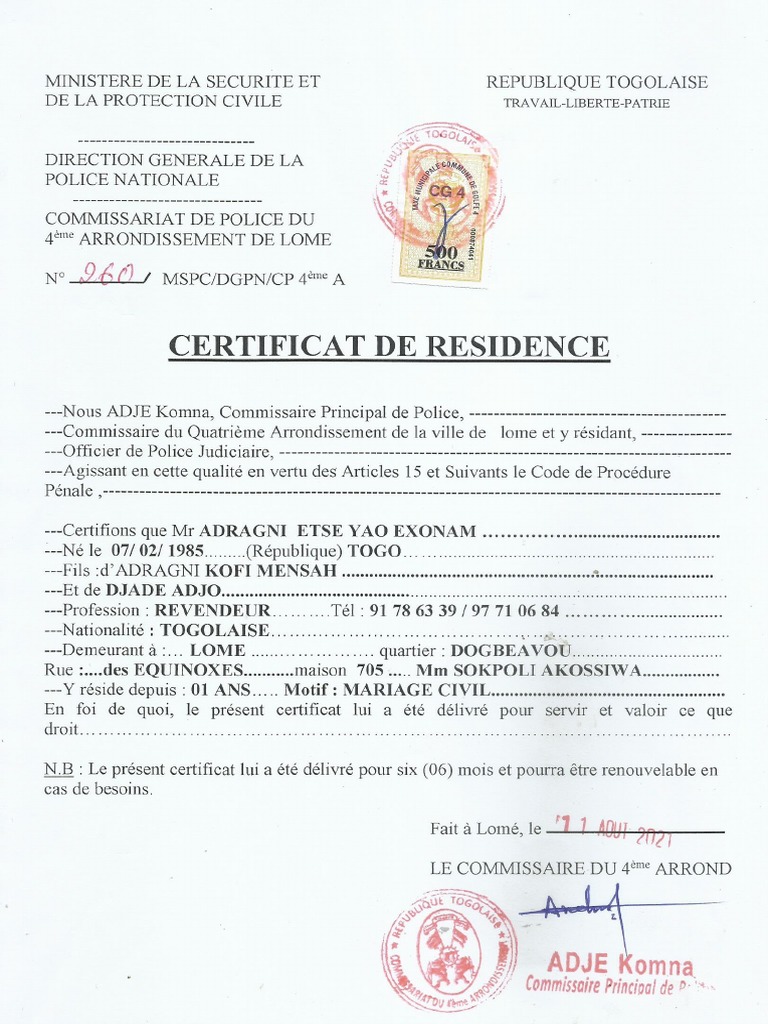 Certificat de Résidence PDF