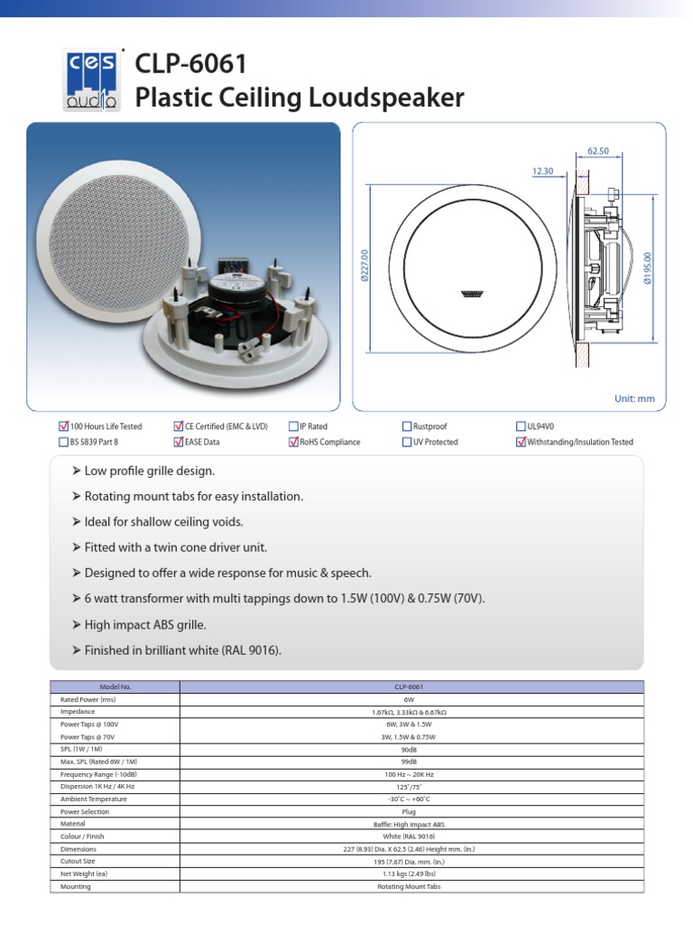 Low Profile Ceiling Loudspeaker CLP-6061 | PDF | Transformer ...