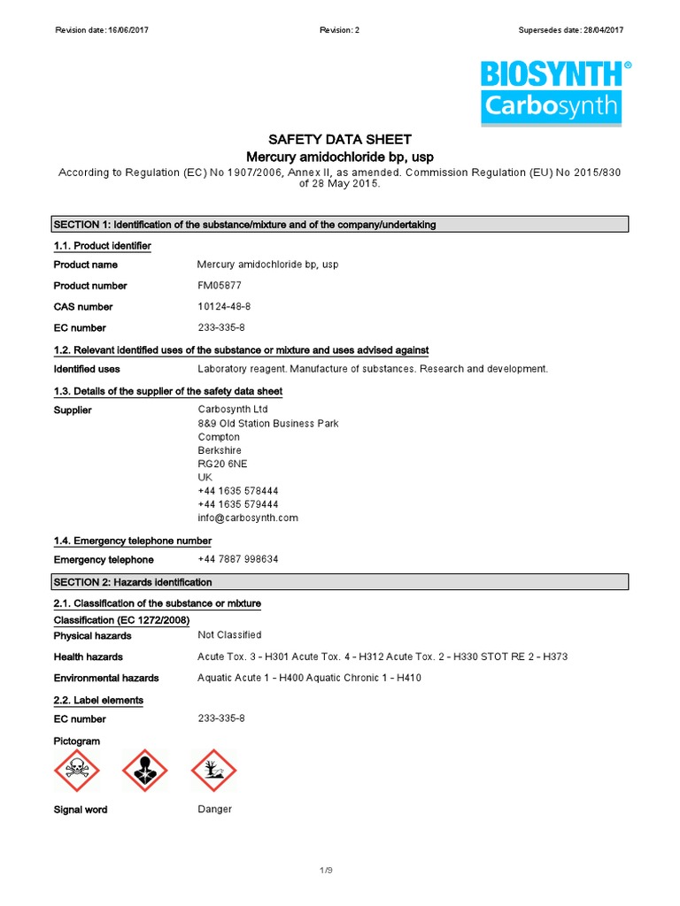Safety Data Sheet Mercury Amidochloride BP, Usp PDF Dangerous Goods