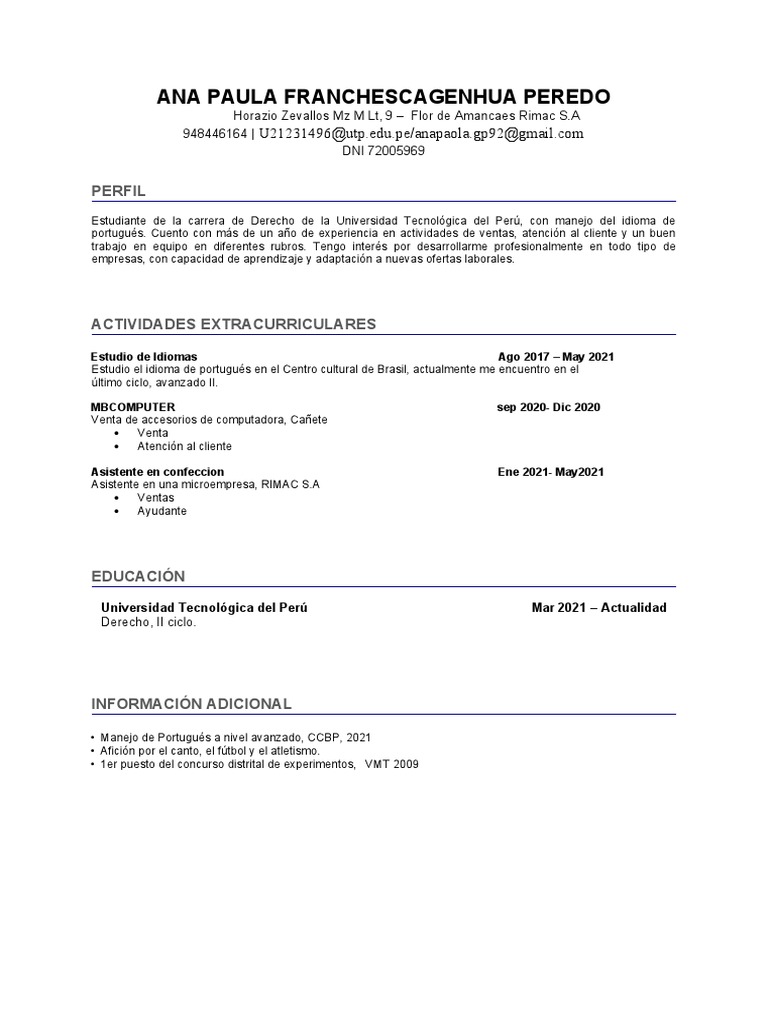 CV Ana Paula. Rimac | PDF | Crecimiento personal y profesional | Negocios