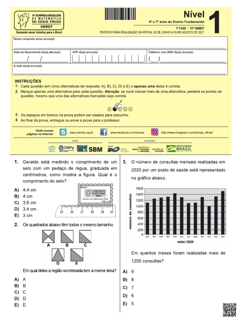 Prova Obmep 6º e 7º Anos Nível 1 2021 PDF Voleibol Vértice (Geometria)