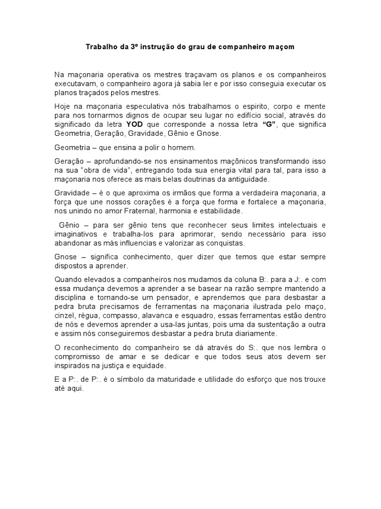 Trabalho Da 3º Instrução Do Grau de Companheiro Maçom PDF