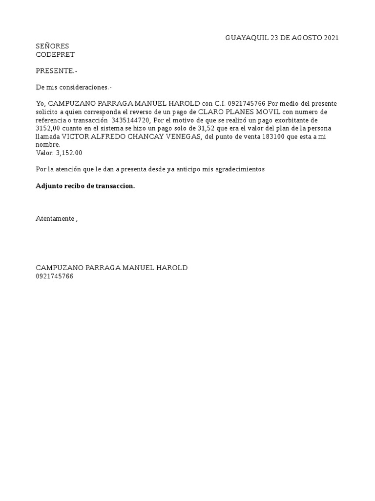 Solicitud de reverso de pago a Claro | PDF