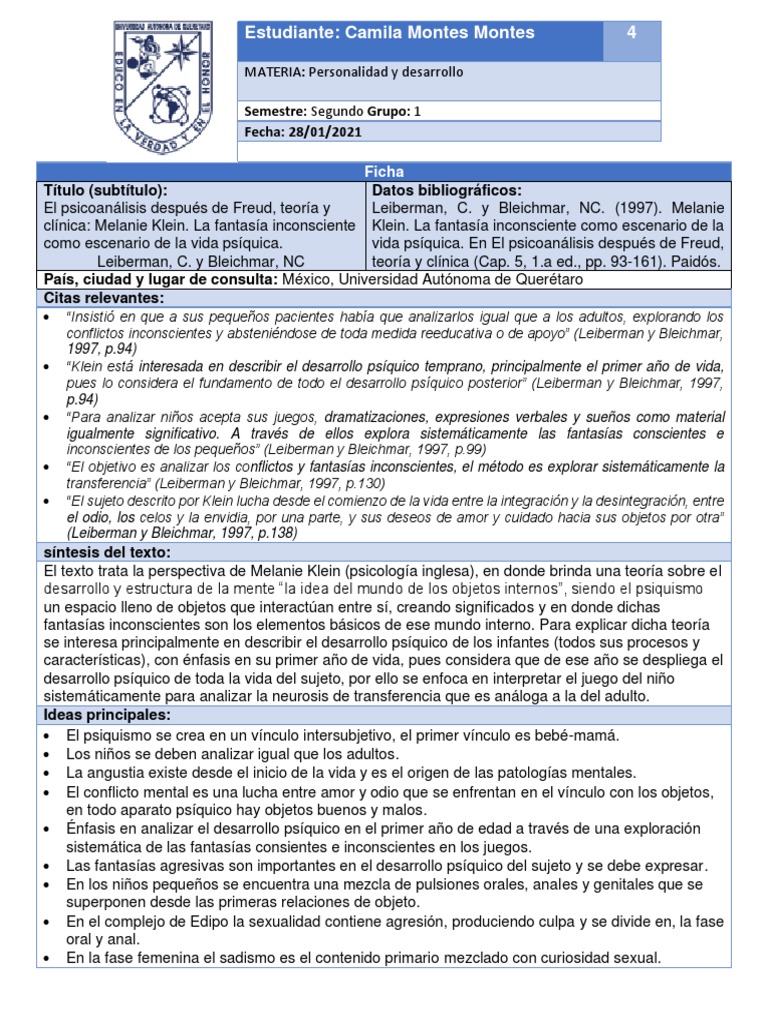 Fantasía inconsciente en Melanie Klein | PDF | Psicoanálisis | Mente ...