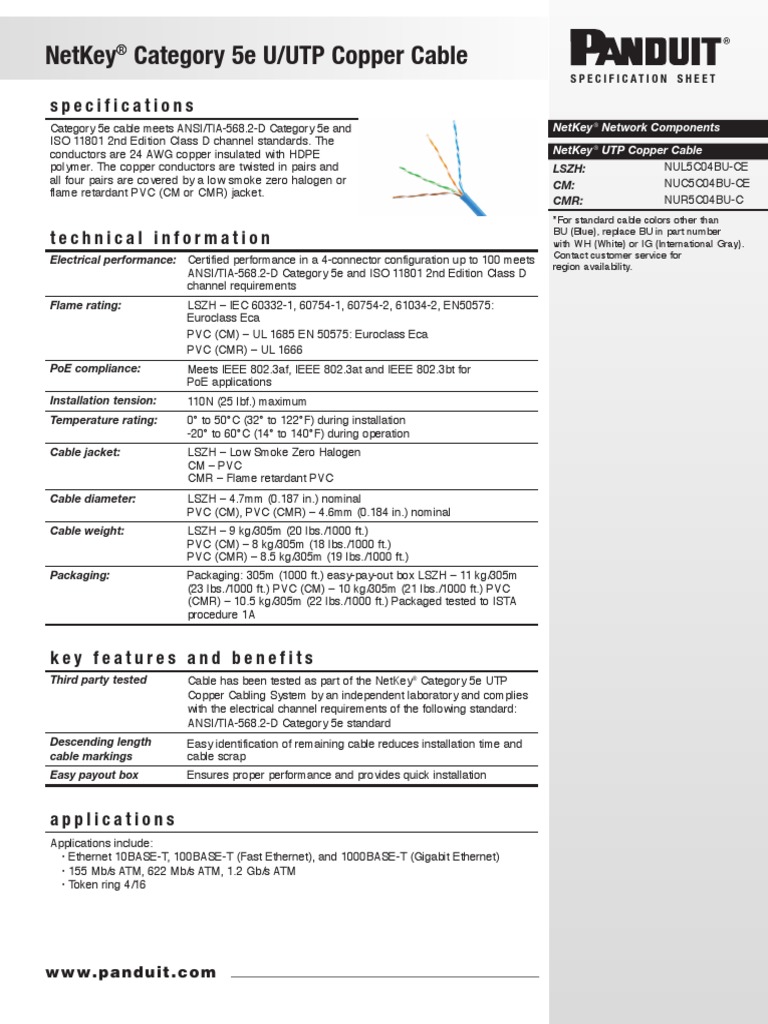Netkey Category 5E U/Utp Copper Cable Specifications PDF