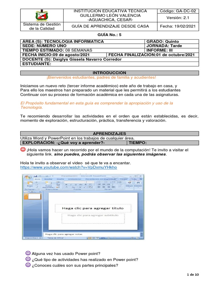 Guia # 5 de Informatica Grado 5° | PDF | Microsoft PowerPoint | Diseño