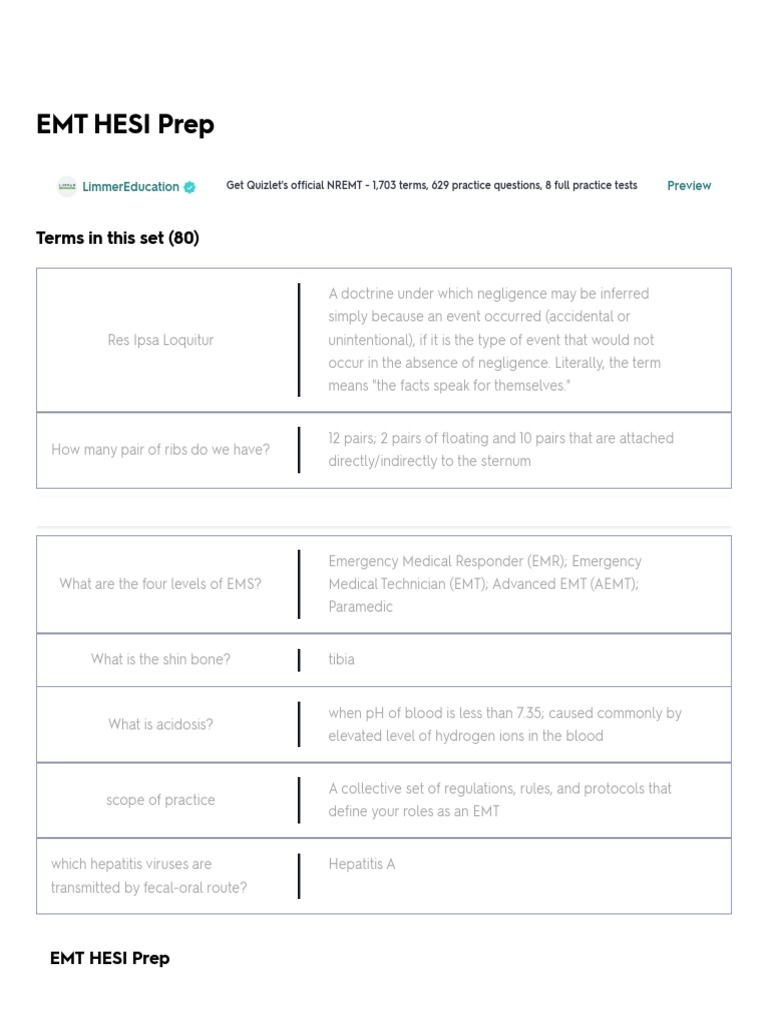 EMT HESI Prep Flashcards PT 1 | PDF | Emergency Medical Technician | Respiratory System for Free Printable Emt Practice Test