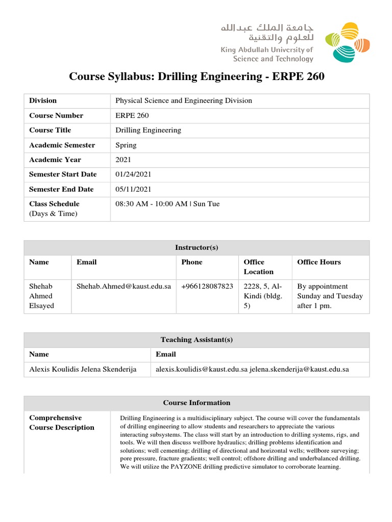 Drilling Engineering Course Syllabus | PDF | Oil Well | Engineering