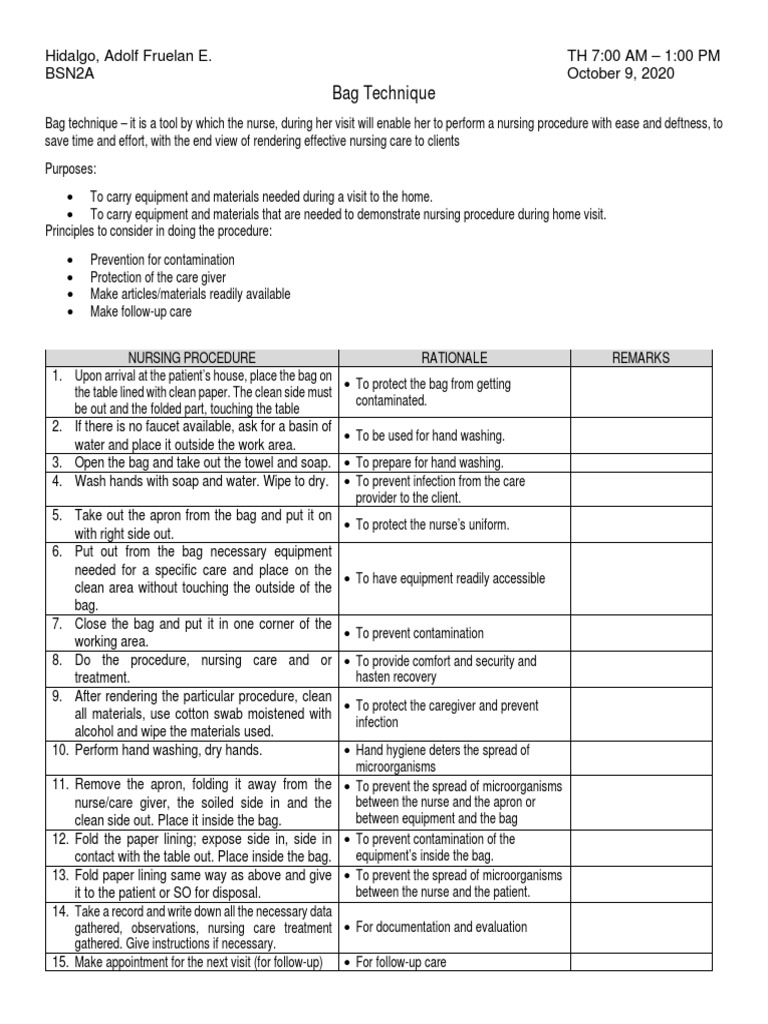 Bag Technique Nursing Procedure Rationale Remarks PDF Hand Washing