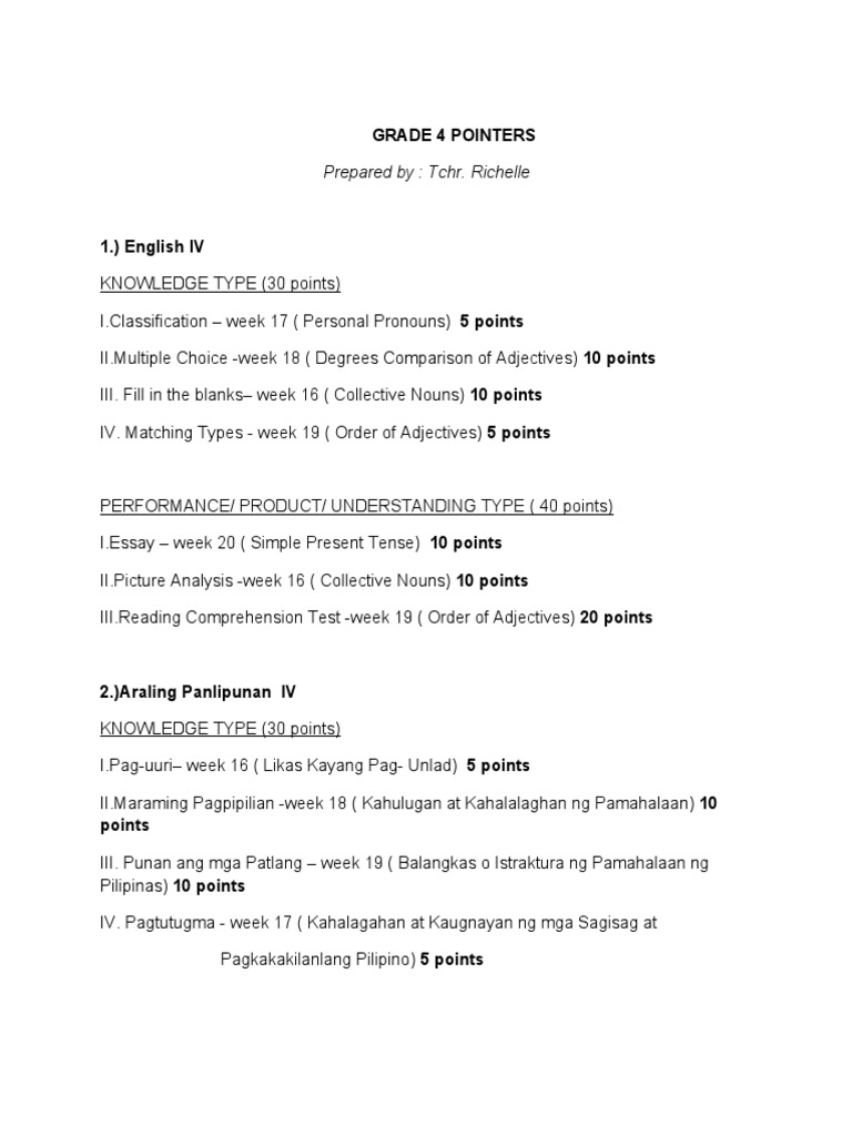 Grade 4 Review Pointers and Tests | PDF | Foreign Language Studies